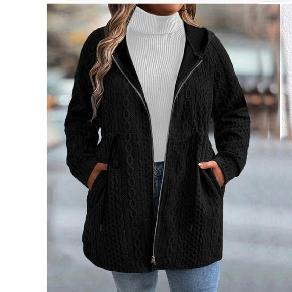 Black Cable Knit Hooded Zip-Up Sweater Coat by Shein Curve Women's 2X - Picture 3 of 15